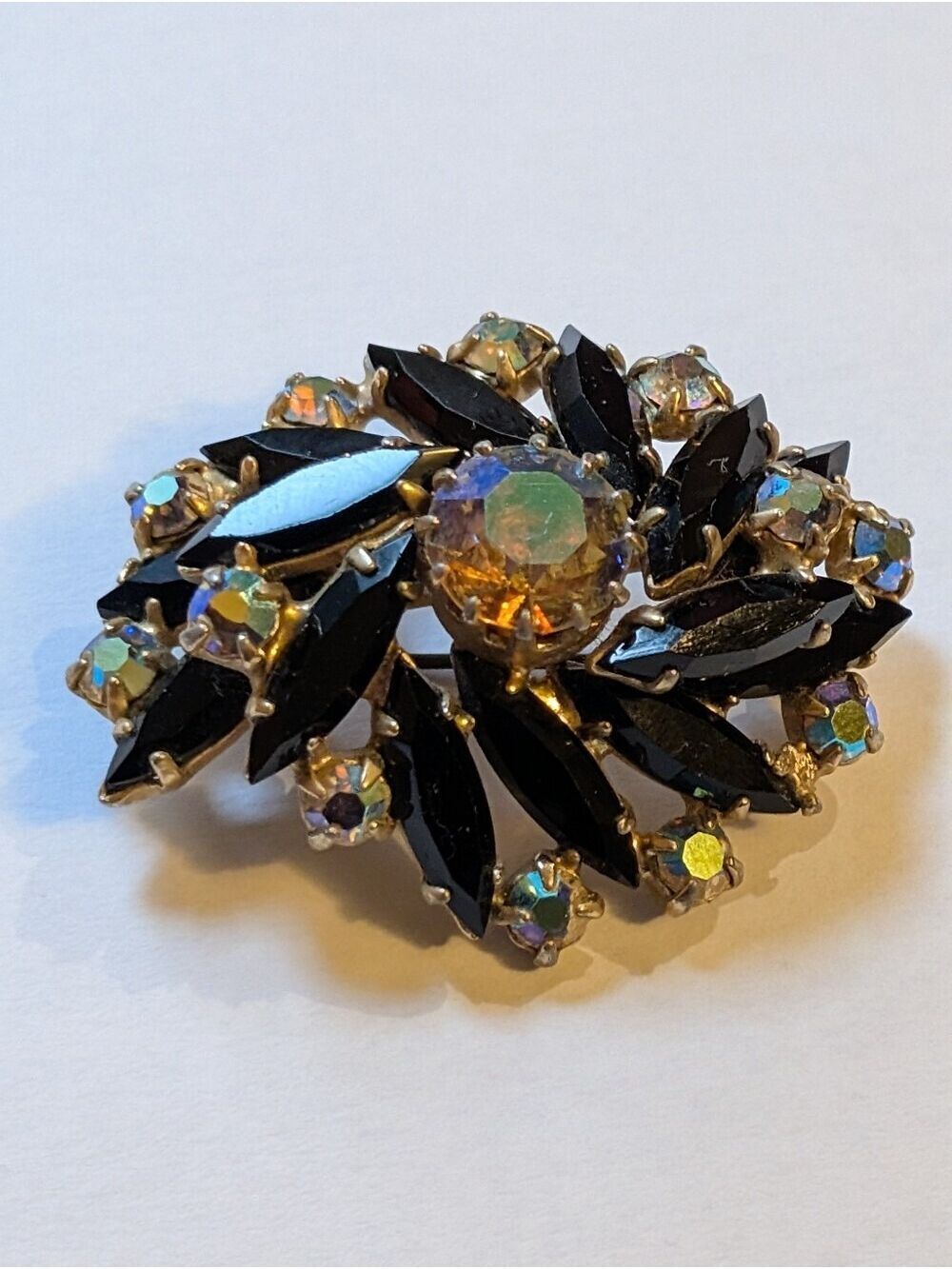 Vintage Mid Century Black Navette & Aurora Borealis Rhinestone Cluster Brooch